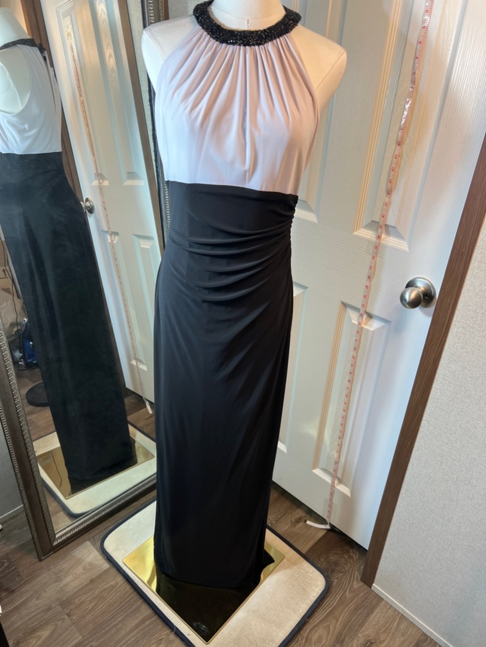 Ralph Lauren Black and Cream Halter Maxi Dress with Beaded Neckline
